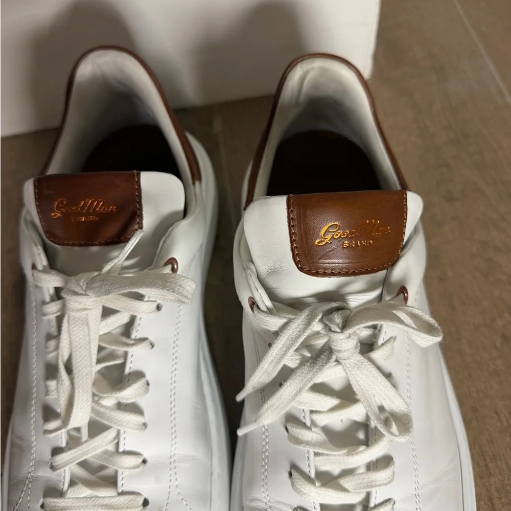 White Leather Low-Top Sneakers with Brown Leather Accents - Picture 10 of 11